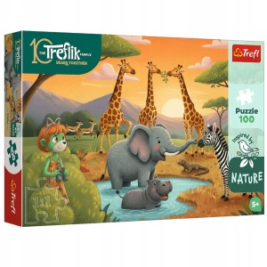 TREFL puzzle 100 Safari Treflików Afryka żyrafy słonie i hipopotam
