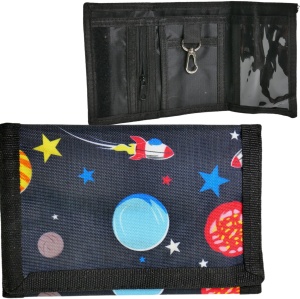 portfel portfelik kosmos wzór czarny z planety i rakieta unisex