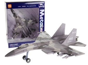 metalowy samolot wojskowy SU-35 z dźwiękiem i światłami w pudełku